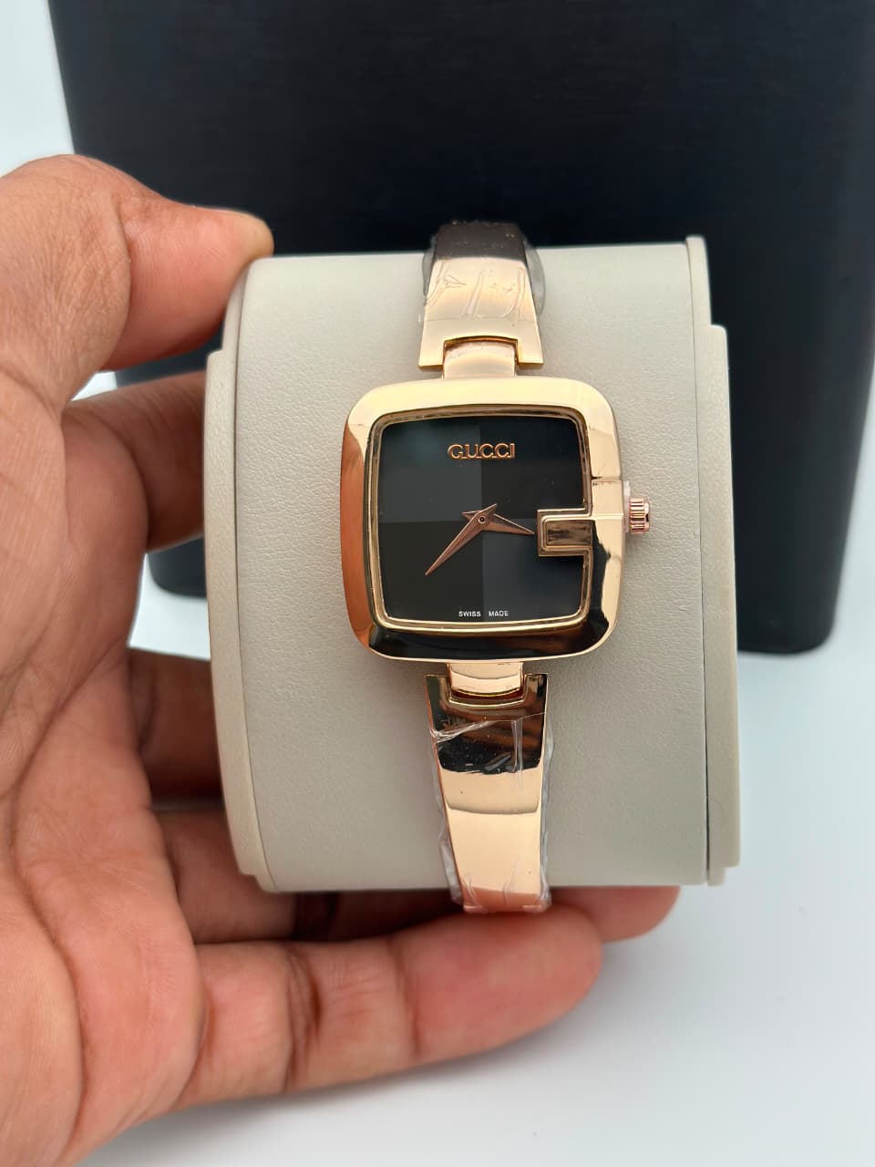 Elegant rose gold square dial women watch