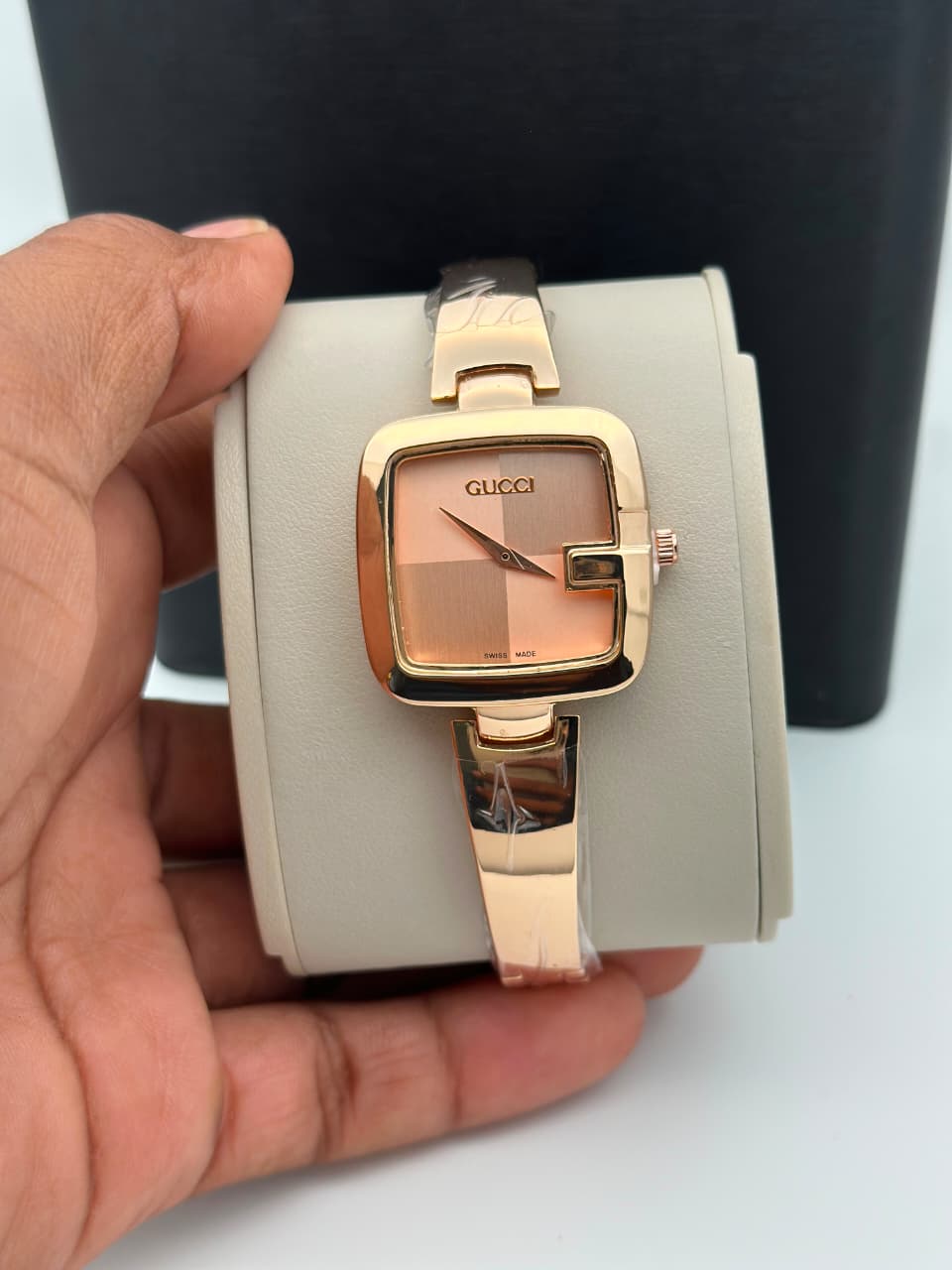 Elegant rose gold square dial women watch